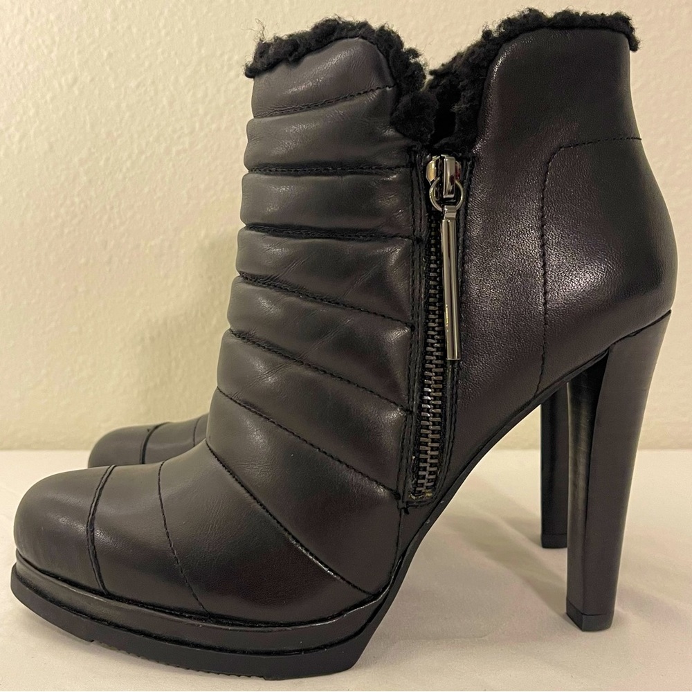 Newman Marcus Women’s SERAFINA Black Quilted  Leather High Heel Booties Wool